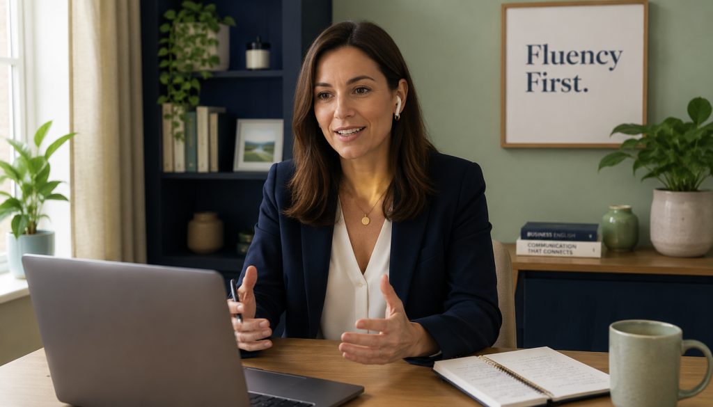 Professional woman preparing for a job interview in English on a laptop