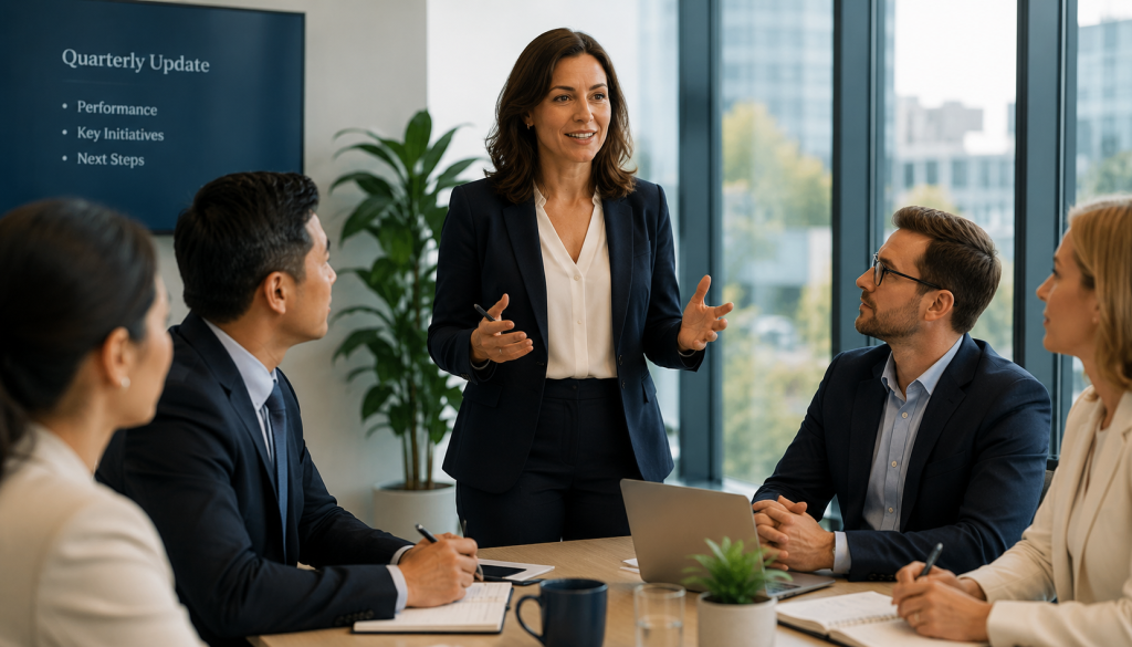 Professional woman speaking confidently in English at a workplace meeting