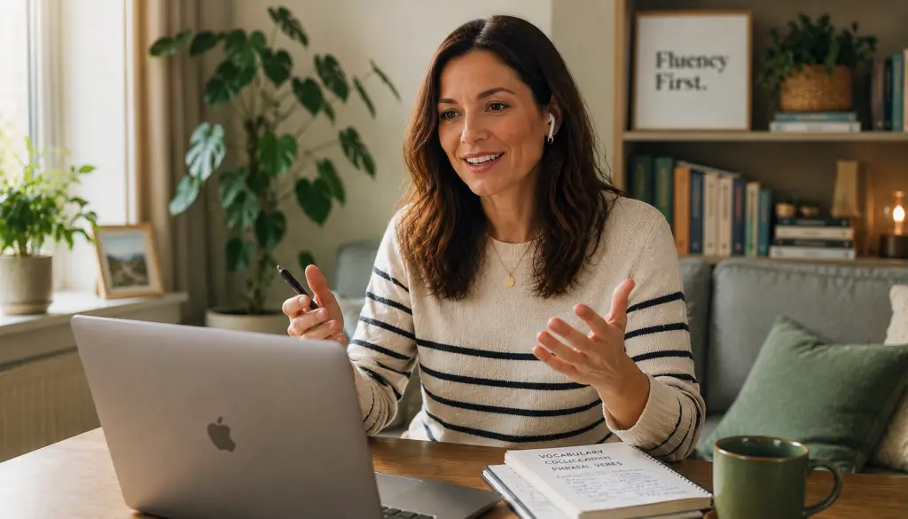 Woman having a natural relaxed English conversation on a video call