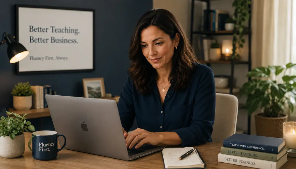 Professional woman writing business emails in English at a laptop