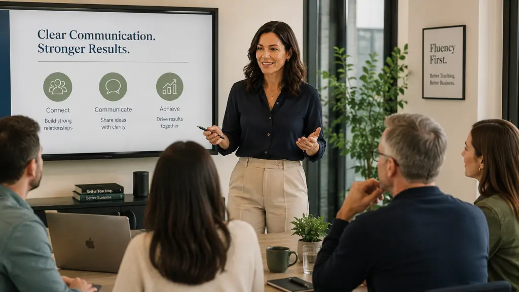 Professional woman presenting confidently in English at a business meeting